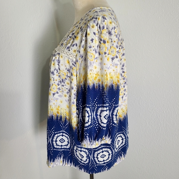 Figueroa & Flower Floral Blue & Yellow  Boho Top, Size Large - Picture 6 of 10